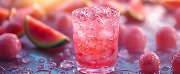 Wall Mural - A refreshing pink drink with ice, surrounded by watermelon slices and balls.