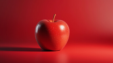 red apple with water drops on red studio background, fresh and tasty fruit