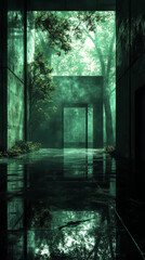 Poster - A view down a hallway in a modern building, looking out towards a lush green forest.