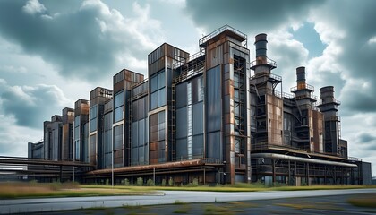 Wall Mural - Decaying industrial landscape of towering structures under a cloudy sky