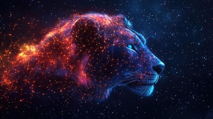 Wall Mural - A Lion's Profile in a Starry Night Sky, Rendered with Connected Lights