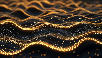 Ethereal black and gold wave adorned with glowing dots, creating a mesmerizing visual flow