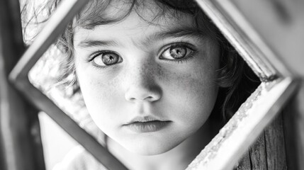 Child s face captured within a diamond shaped window black and white portrait showcasing an innocent expression through a geometric framing artful childhood photography