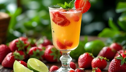 Wall Mural - Vibrant fruit punch in a tall glass, garnished with lime and strawberries, surrounded by a colorful array of fresh fruit