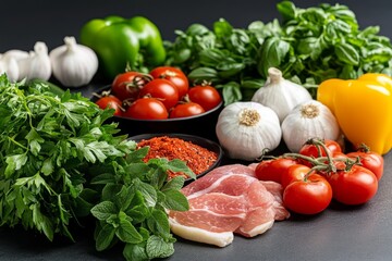 A table full of fresh ingredients, including herbs, spices, vegetables, and meats, ready for a cooking session