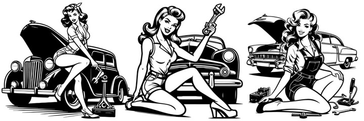 retro pinup girl and classic car collection in minimalist black and white vector