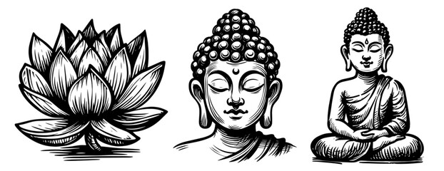 spiritual buddha meditating collection in black and white vector style