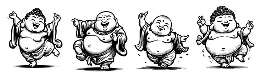 Wall Mural - collection of happy dancing fat buddha in black and white line art vector