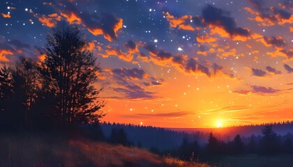 Wall Mural - Serene sunset sky filled with stars over a tranquil field of trees in vibrant orange and purple hues