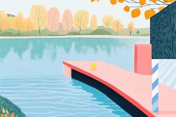 Wall Mural - Coloring book illustration of a river with a water pier surrounded by an autumn park along the shore featuring elements of nature forest and landscape