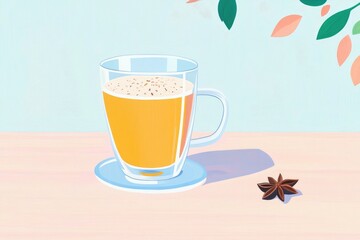 Glass cup of delicious pumpkin latte with cinnamon and star anise on a wooden surface