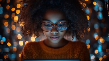 Young Woman Looking at a Screen in a Warm Light