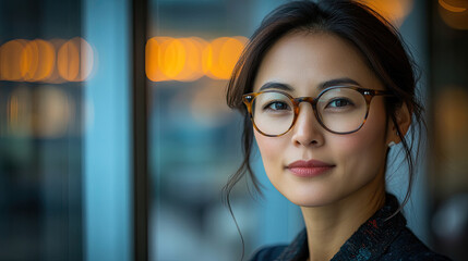 A woman with glasses stands confidently by a window, her fashionable attire complementing the warm city lights in the evening ambiance