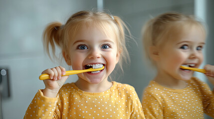 A cheerful young girl with a yellow toothbrush enjoys brushing her teeth, promoting oral hygiene in a well-lit bathroom setting