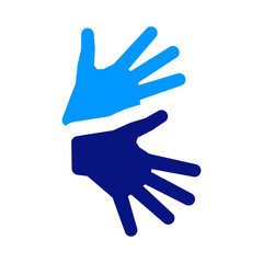 Two hands in blue representing sign language, communication aid for those with hearing impairments, accessibility and inclusive design for disability, visual aid for non-verbal communication.