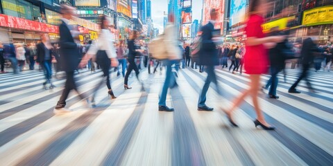 people walk on striped crosswalks in an urban area with a motion blur effect The background is blurred and has various colors of , such as blue jeans, red T-shirts, black suits Generative AI