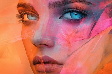 Wall Mural - Vibrant Abstract Portrait of Woman with Blue Eyes and Colorful Painted Overlay