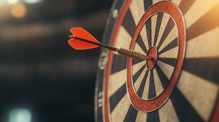 A dart striking the bullseye in an indoor setting during an evening gathering