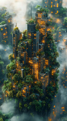 Poster - A futuristic city built on a cliff, covered in lush greenery.