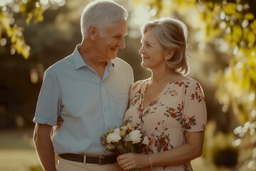 A couple joyfully celebrating their golden anniversary outdoors in a picturesque setting filled with sunlight and nature’s beauty