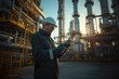 © Joaquin Corbalan - Industry worker reading news on a tablet at a refinery during golden hour while surrounded by tall machinery and equipment