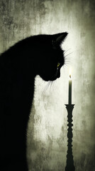 Silhouette of a black cat staring at a candle with a Christmas candlelight mood