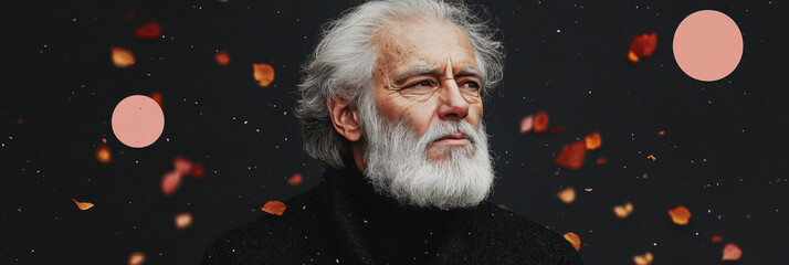 Wall Mural - Senior man with long white beard, looking into the distance against a dark background with falling leaves.