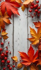 Colorful autumn leaves and bright red berries scattered on a wooden background , showcasing the beauty of the season.