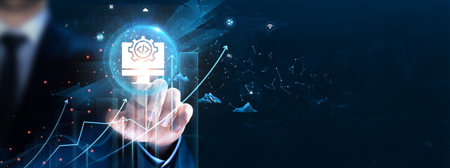 Wall Mural - software development: agile methodology, collaboration, businessman touch and analyze data strategy 