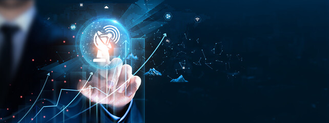 Telecommunications: Connectivity, networking, Businessman touch and analyze data strategy with graph bandwidth, communication systems, data transfer, reliability.