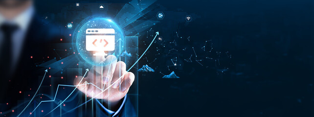 Wall Mural - web development: design, coding, businessman touch and analysis data strategy with graph optimizatio
