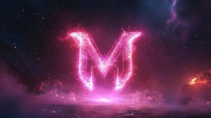 Wall Mural - Glowing Pink Letter M in a Starry Night Sky with Mountains and Fog