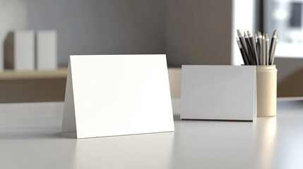 A mockup template set showing white table cards and desk calendars, with 3D isolated views for greeting cards or restaurant menus