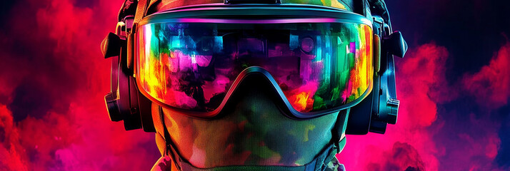 Close-up of a soldier's face wearing goggles and a helmet with a vibrant neon background.