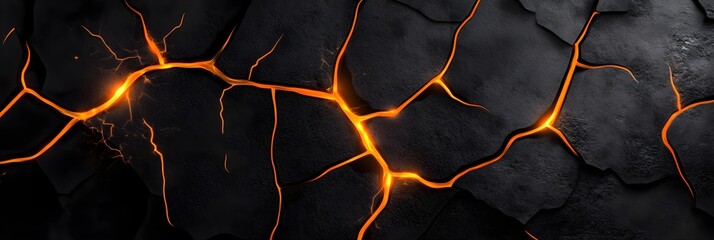 Wall Mural - Abstract Background of Cracked Black Surface with Glowing Orange Lines