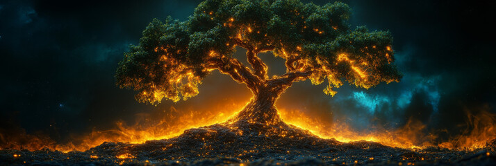 Sticker - A large tree engulfed in flames against a dark, starry sky.