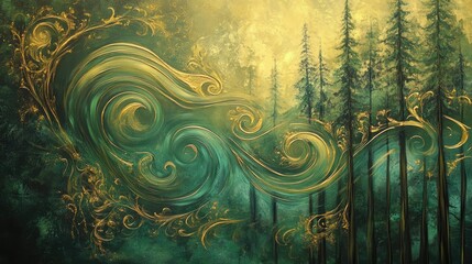 Wall Mural - Serene green abstract artwork depicting a forest theme with golden swirls