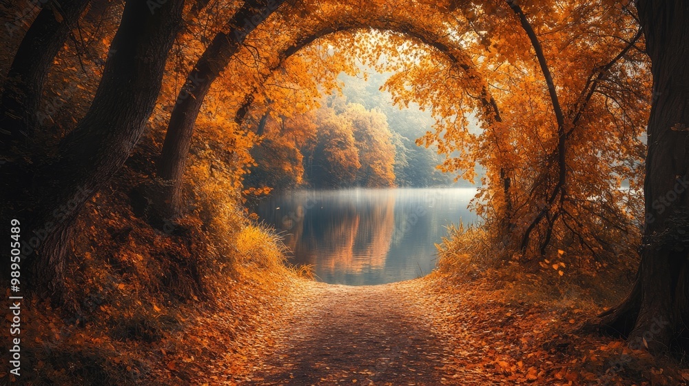 Pathway leading through golden forest to serene lake in autumn Stock ...