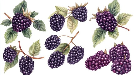 Collection of fresh ripe blackberries on isolated branches