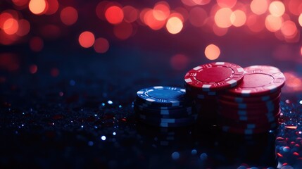 Detailed Poker Chips in Dark Casino Setting – Vibrant Colors, Bokeh, and Shiny Highlights