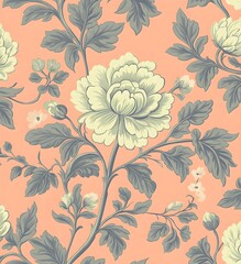 Poster - Floral Pattern with White Flowers on Pastel Orange Background