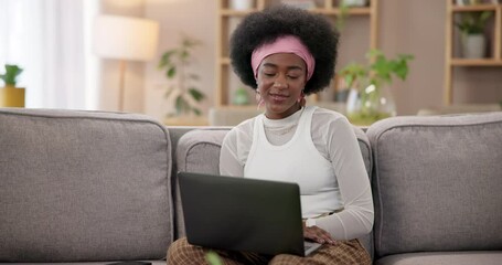 Canvas Print - Girl, video call and conversation on laptop with wave, greeting and excited for communication in home. Black woman, tech and talking for e learning for development, education and support as student