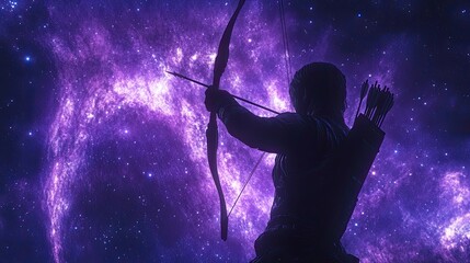 Wall Mural - A Silhouetted Archer Aiming Against a Starry Purple Sky