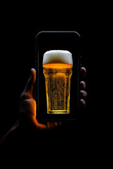 Hand holding a glass of beer emerging from an phone screen.