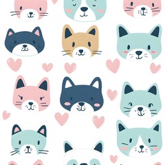 Canvas Print - Cute Cartoon Cats and Hearts Seamless Pattern