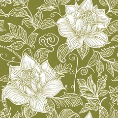 Wall Mural - White Floral Pattern on Olive Green Background