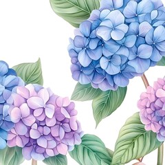 Poster - Watercolor Hydrangea Flowers with Green Leaves