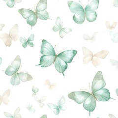 Poster - Watercolor Green and Beige Butterfly Seamless Pattern