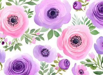 Canvas Print - Watercolor Pink and Purple Flowers Seamless Pattern