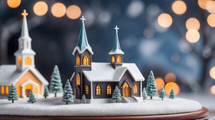 christmas church miniature with blur background